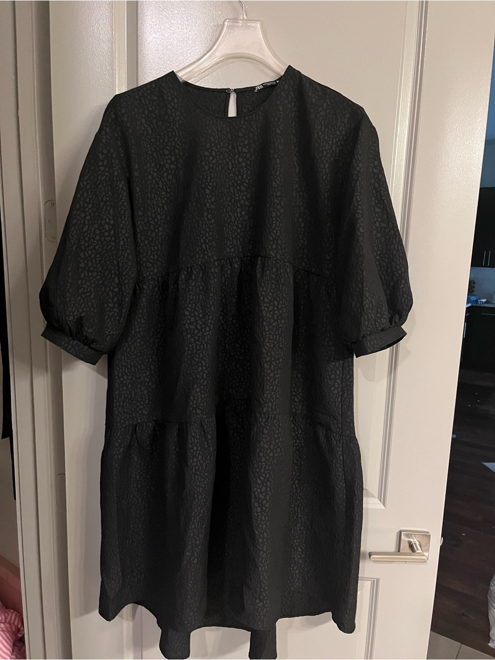 Zara Black Textured Tiered Mini Dress with Puff Sleeves